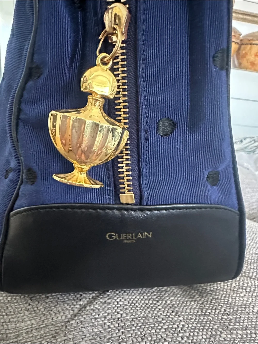GUERLAIN Navy Blue Polka Dot Dome Cosmetic Bag
